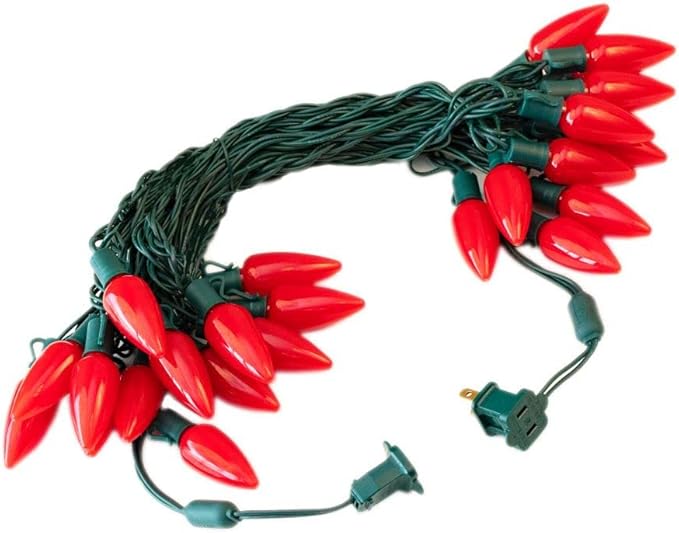 Novelty Lights 25 Feet 25 Light C9 Ceramic Style LED String Lights, Red, Pre-Lamped Holiday Lights on Green Wire, UL Listed Indoor/Outdoor, Connectable End-to-End