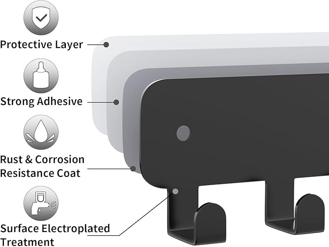 pickpiff Key Holder Wall Mount, Adhesive Key Rack with 8 Hooks Hanger for Car Key Ring, Metal Key Chain Organizer, Black 1 Pack