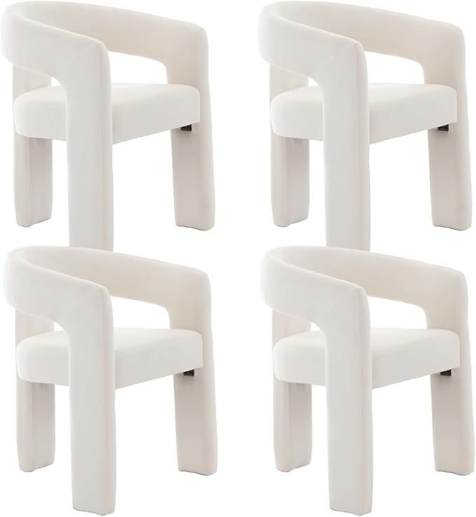 Modern Chenille Dining Chairs Set of 4, Upholstered Barrel Chairs with Arms Comfy Accent Side Chairs for Living Room/Dining Room/Reception, Beige