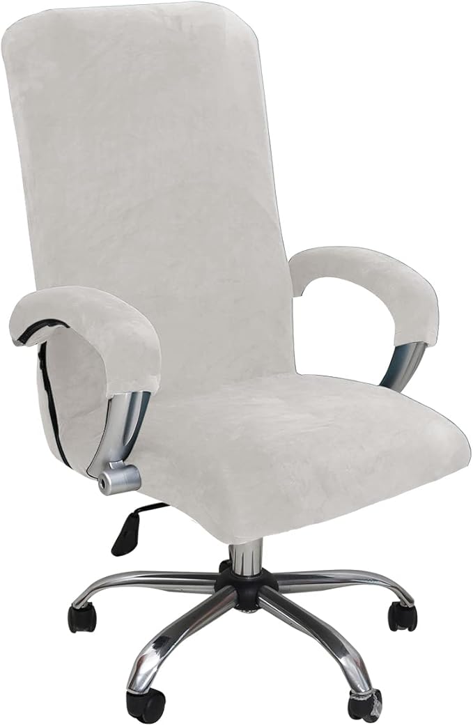 Velvet Plush Mesh Office Chair Cover - Cat Proof Stretchable Protector for Ergonomic Computer Desk Chair with Wheels Armrests, Comfy Executive Chair Cover for Home Office, Easy Install, White, XL