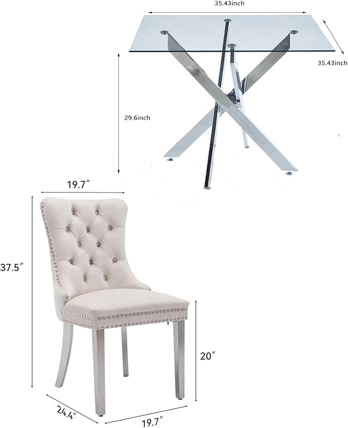 Goujxcy 5 Piece Glass Dining Table Set Modern Small Glass Dining Table Set for 4, 35.43" Square Kitchen Table and 4 Velvet Upholstered Chairs for Kitchen Dining Room, Silver & Beige