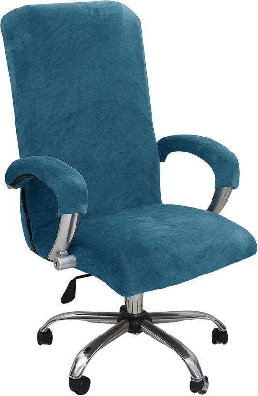 Velvet Plush Stretchable Office Computer Chair Cover Ergonomic - Cat Proof Protector for Mesh Office Desk Chair with Wheels and Armrests - Executive Rotating Chairs for Home Office,Peacock Blue,XL