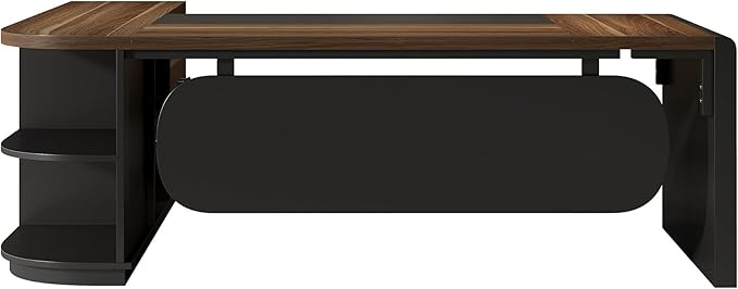 Tribesigns 80'' L-Shaped Desk, Large Executive Office Desk with 55'' Drawers Cabinet, Modern Commercial Office Table with Storage Shelves, Business Furniture for Home Office, Brown & Black