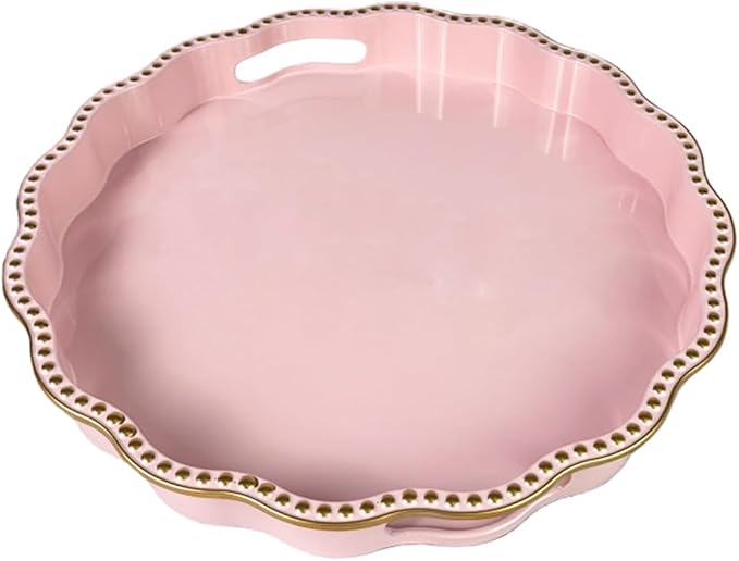 Pink Decorative Tray for Coffee Table, Wavy Scallop Beaded Plastic Serving Tray forKitchen Counter, Ottoman, Living Room, (13")