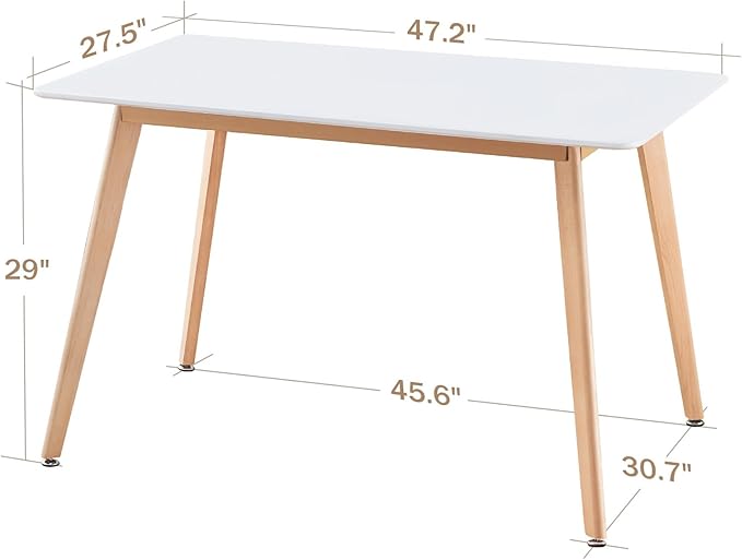 47.2" Rectangular Dining Table for 4-6 Person - White Modern Wooden Kitchen Table with Solid Wood Legs, Mid-Century Design for Dining Room, Living Room, and Kitchen