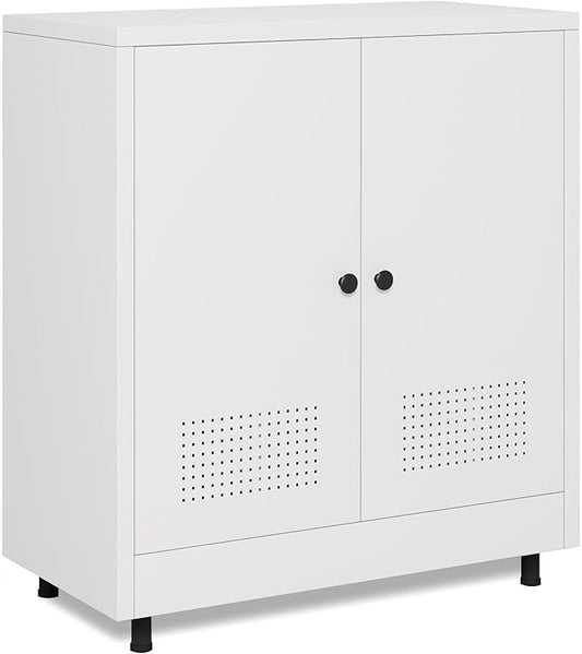Metal Storage Cabinet with 2 Doors and Adjustable Shelf, Free Standing Accent Sideboard Buffet Cabinet for Home, Office, Entryway, Hallway, Living Room, Kitchen and Dining Room (White)