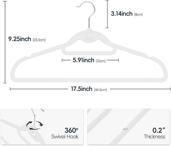 Velvet Hangers 50 Pack, Non Slip Stackable Clothes Hangers with Cascading Hooks, Ultra Thin and Space Saving Felt Hangers with Tie Bar, 360° Swivel Hooks, Heavy Duty for Suit Coat Shirt Pant- White