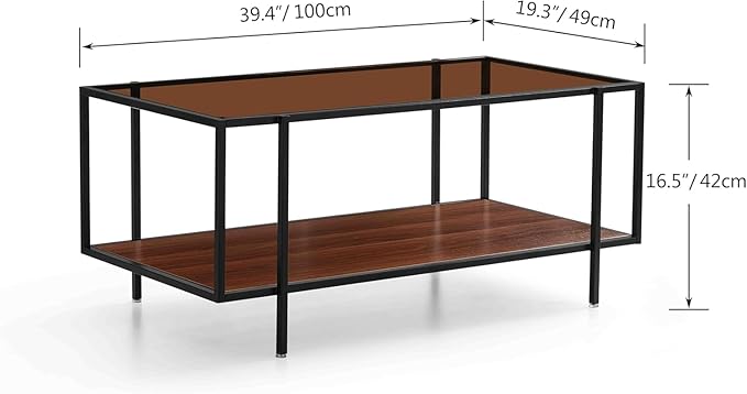 Shrine Glass Coffee Table, Modern Design, Dual-Layer Coffee Table for Living Room, Black-Plated Metal Frame, Brown Glass Top, Walnut Wood Panels