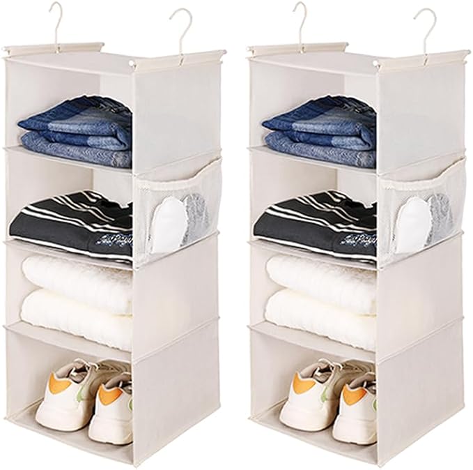 MAX Houser 4 Tier Shelf Hanging Closet Organizer, Closet Hanging Shelf with 2 Sturdy Hooks for Storage,2 Pack, Foldable (Beige)