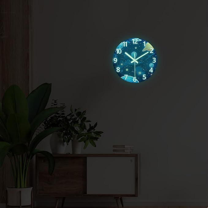 Small Glow in The Dark Wall Clocks Battery Operated 12 Inch Blue Kids Wall Clock Analog Round Silent Wall Clock Bedroom