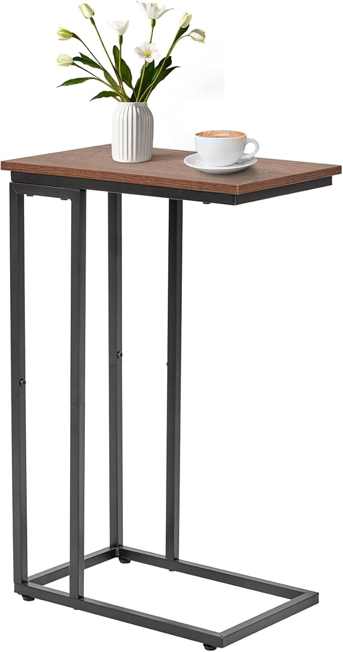 C-Shaped End Table, for Living Room, Bedroom, Small Spaces, TV Tray Couch Side Tables Laptop Table, Rustic Brown and Black