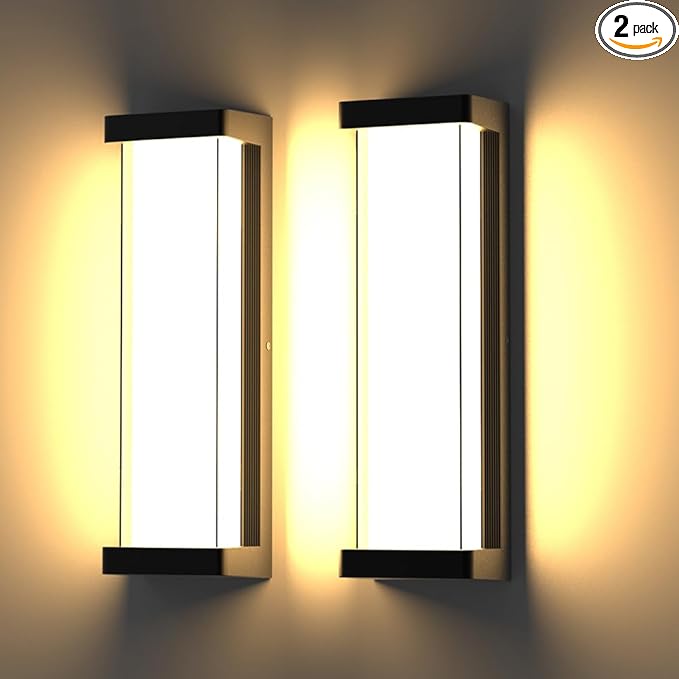 10%-100% Dimming Modern Outdoor Wall Light 2Packs, 16in 3000K LED Dimmable Porch & Patio Wall Light Fixture,Black Aluminum&Dual PC Wall Lights for Garage Living Room Courtyard House(2Packs 3000K)