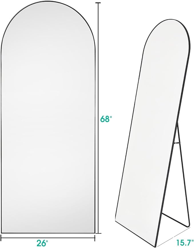 Full Length Mirror, Arched Floor Mirror with Stand, 26"x68" Oversized Floor Mirror, Wall Mirror Full Length Freestanding, Wall Mounted Mirror for Bedrooom Living Room, Black