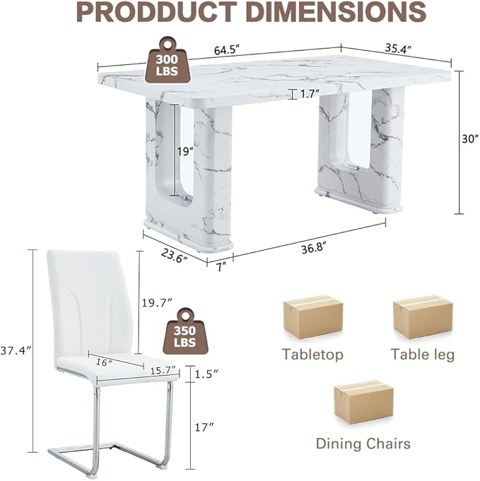 64.5" White Dining Table Set for 4, Modern Kitchen Table and Chairs Set with PU Leather Cushioned Chairs & Decorative Pedestal Base, 5 Piece Marble Pattern Dining Table Set for Dining Room or Kitchen