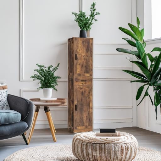 usikey 67'' Tall Storage Cabinet with Adjustable Shelves & 2 Doors, Bathroom Cabinet with 1 Drawer, Narrow Tall Cabinets for Living Room, Home Office, Rustic Brown