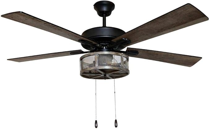 RIVER OF GOODS 52 Inch LED Modern Farmhouse Ceiling Fan with Remote - Rustic Ceiling Fans with Lights - Elegant Industrial Fan with Mesh Metal Caged Shade - Brown
