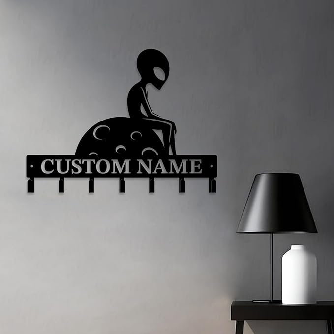 Personalized Custom Alien ET Metal Wall Keys Hooks,Clothes Hooks Alien ET Art coat racks,door holder,Black Alien ET decorations for home,Entrance doors,Hallway, Bedroom,Keys,Hats (Style D)