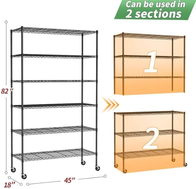 BestOffice Storage Shelves 6 Tier Metal Shelves Adjustable Garage Shelving Wire Shelving Unit Capacity 2100LBS with Wheels for Kitchen, Garage Pantry Closet Commercial,Black