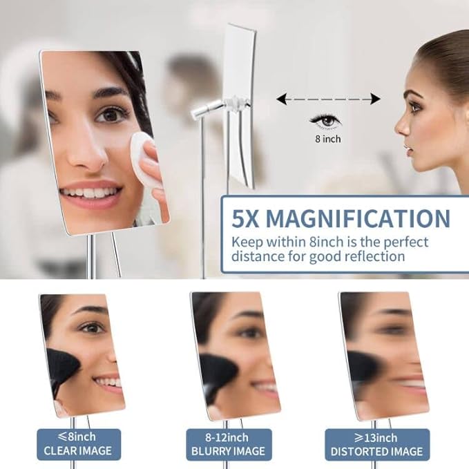 DOWRY 5X Tabletop Magnifying Makeup Mirror Adjustable Rectangular Vanity Mirror for Bedroom 304 Stainless Steel Gifts for Women Wife Mom Teengirls Polished Chrome