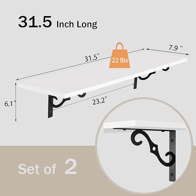 DINZI LVJ Long Wall Shelves, 31.5" Large Floating Shelves Set of 2, Farmhouse Display Shelf Wall Mounted with Heavy Duty Brackets, Easy Assembly for Kitchen, Bathroom, Bedroom, Balcony, White