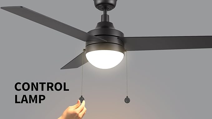 CEME 52" Ceiling Fan with Light Low Profile, DC 5 Speeds Silent Ceiling Fan with Remote, 3 Dual Finish Blades, 3 Light Colors Dimmable LED for Bedroom Room, Black