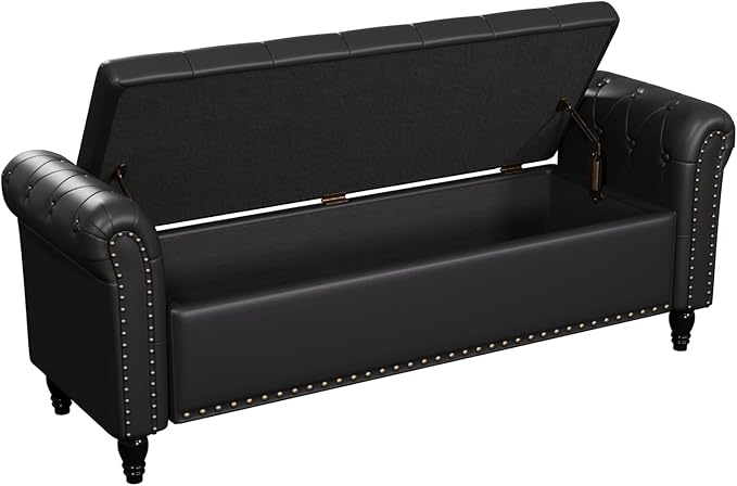 65 Inch Bedroom Bench, End of Bed Bench with Storage, Bed Benches for Foot of Bed, Faux Leather Window Bench with Tufted Button and Nailhead Trim, Upholstered Storage Bench with Rolled Arms, Black