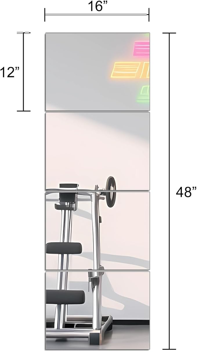 Ruomeng Full Length Wall Mirror Tiles - 12" x 16" x 4Pcs Frameless Full Body Mirror Tiles Wall Mounted Mirror for Home Gym Vanity Bedroom, Living Room