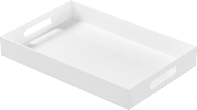 Glossy White Acrylic Serving Tray with Handles-Lucite Tray for Ottoman,Coffee Table, Breakfast, Tea, Food, Butler - Decorative Tray (10x15x2H Inch with, White)