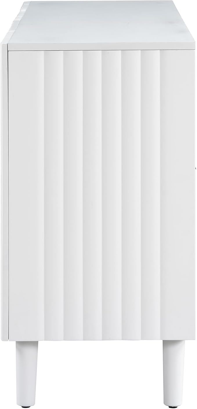 Modern Elegant Sideboard with 4 Wavy Pattern Doors and Cylindrical Legs, 58'' Storage Cabinets with Adjustable Shelves, Accent Entryway Cabinet for Living Room Hallway Kitchen (White-4UV)
