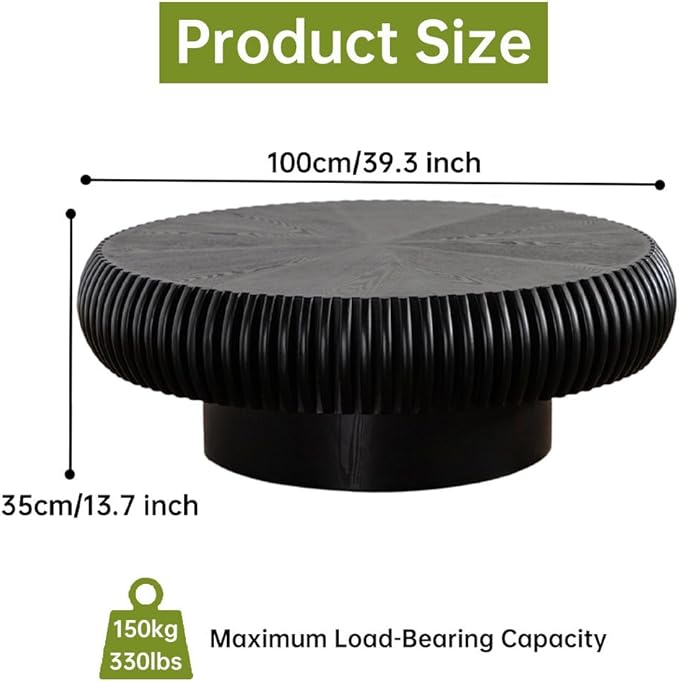 Black Round Coffee Table for Living Room Round Fluted Drum Coffee Table Modern Fluted Coffee Tables for Living Room (Black, 39.3 inch)