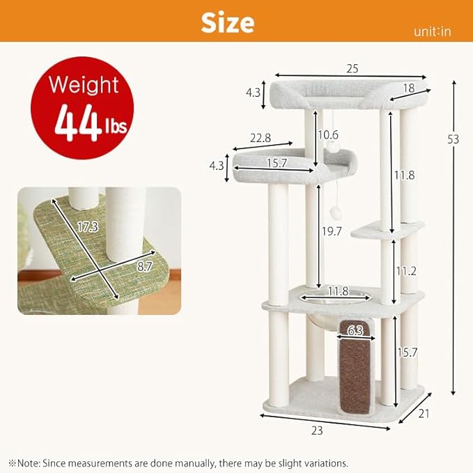Wooden Cat Tree Tower for Indoor Cats 53'', Modern Natural Wood Cat Furniture with Cozy Beds, Scratching Post and Clear Hammock for Kittens and Adult Cats (Gray)