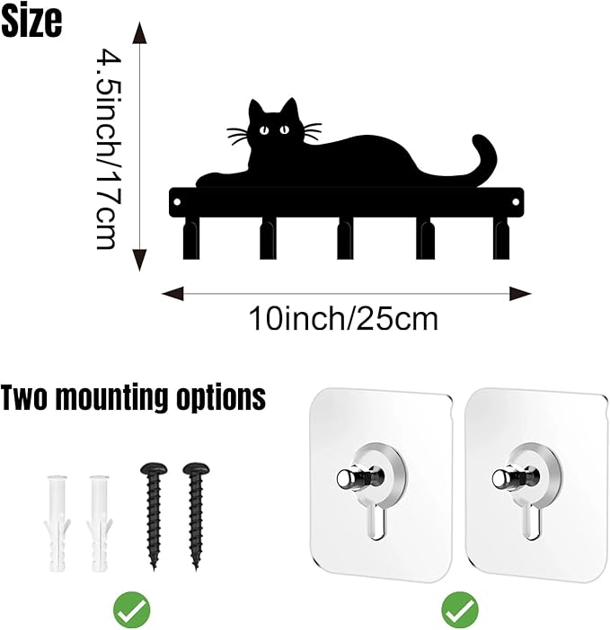 magilab Cat-Themed 10-Inch Iron Key Hooks with 5 Hooks, Black Wall Organizer - Cute Cat Design for Home Decor, No Drill & Screw-in Options (Style L)