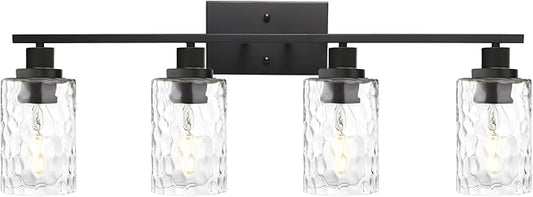 MELUCEE Wall Light Fixture, 4-Light Black Bathroom Vanity Light Over Mirror with Clear Hammered Glass, Modern Wall Sconces Lamp for Powder Room Bedroom Kitchen Porch (Patent No.: US D963914 S)