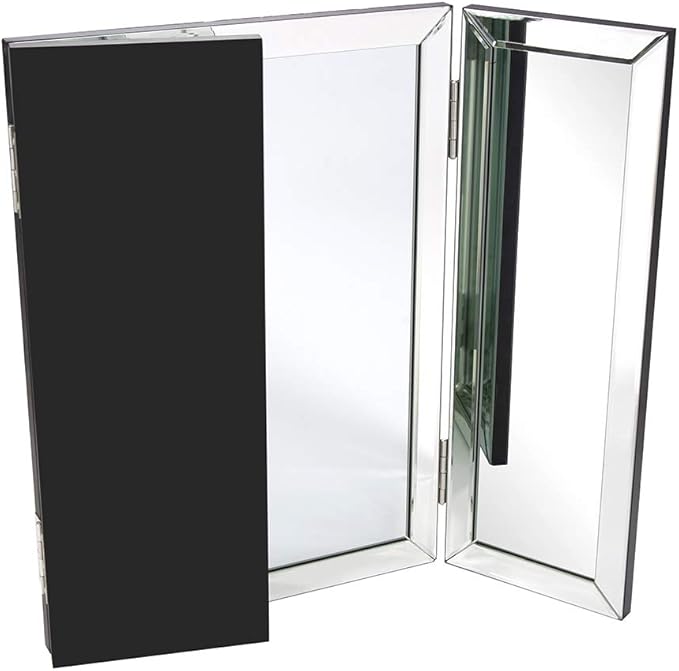 Howard Elliott Tripoli Trifold Vanity Mirror 3 Way TableTop Bedrooms, Bathroom, Makeup Portable Cosmetic & Makeup Mirror with Beveled Edges Tri-fold Mirror, 31 Inch x 21 Inch