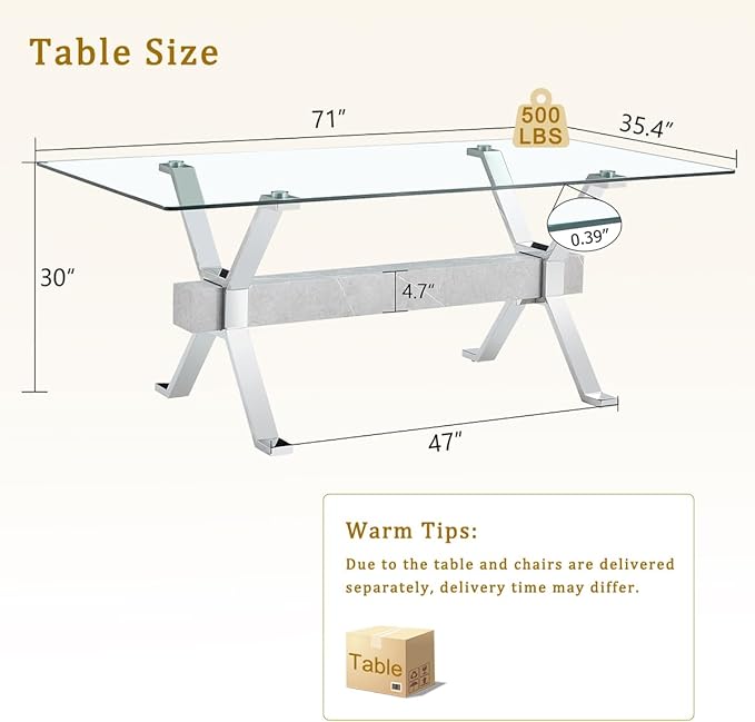 Glass Dining Table 71"｜Modern Dining Table for 6-8｜0.4" Thick Tempered Glass Top｜Chrome Silver Metal Legs｜Grey Crossbar｜Easy Assembly｜Perfect for Dining Room or Kitchen