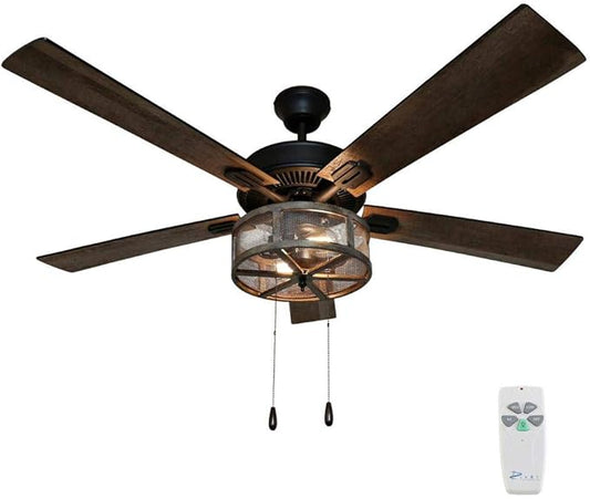 RIVER OF GOODS 52 Inch LED Modern Farmhouse Ceiling Fan with Remote - Rustic Ceiling Fans with Lights - Elegant Industrial Fan with Mesh Metal Caged Shade - Brown