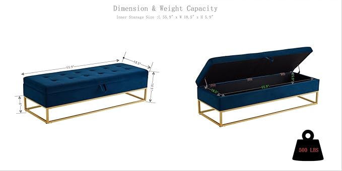 mikibama Velvet Storage Bench,58.6" Long Ottoman with Storage for Living Room,Tufted Storage Benches for Bedroom End of Bed,Entryway,Rectangle Window Seating Bench with Storage. (Velvet Navy)