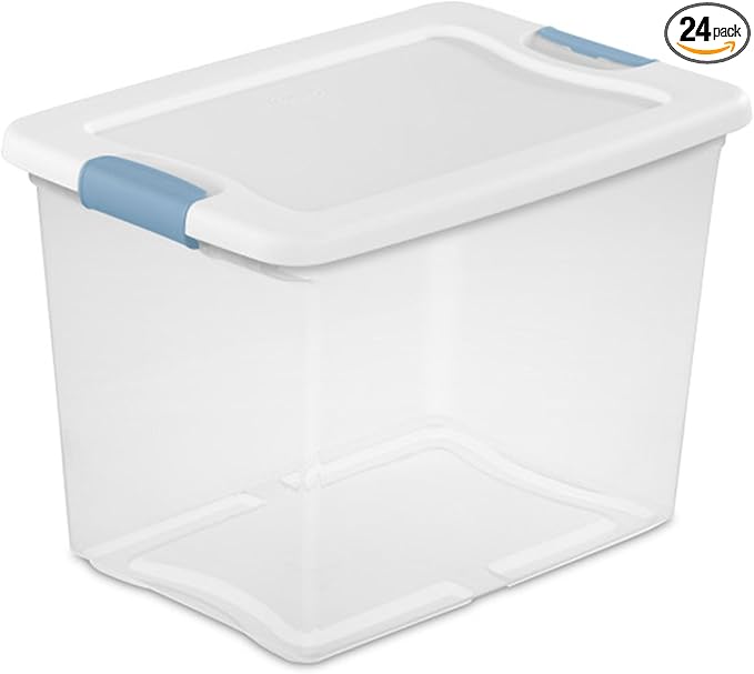 Sterilite 24-Pack Latching Box, Under Bed Storage Bins with Lids, Clear Plastic, 25 Quart - Heavy-Duty Organizing Containers for Closet, Bathroom, and Office