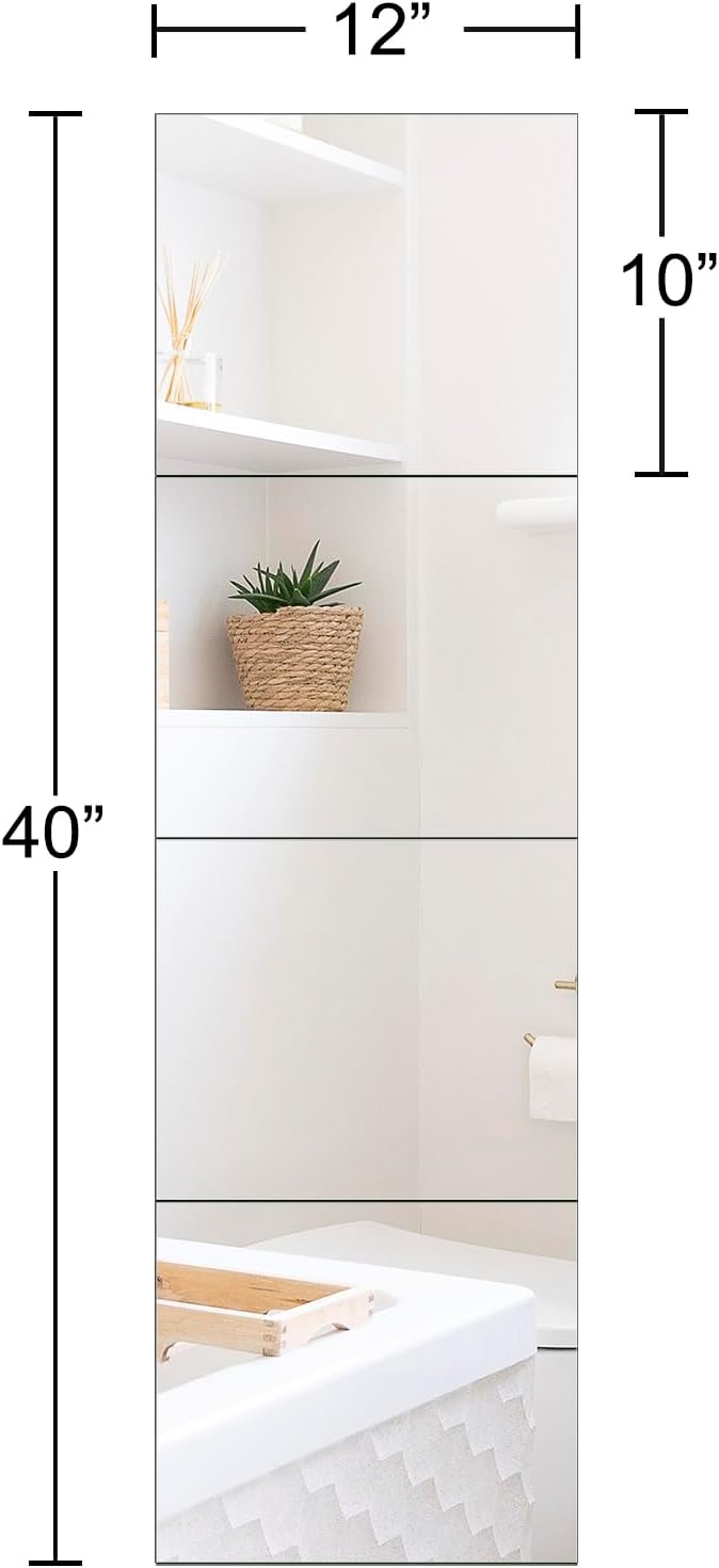 Ruomeng Full Length Wall Mirror Tiles - 12" x 10" x 4Pcs Frameless Full Body Mirror Tiles Wall Mounted Mirror for Home Gym Vanity Bedroom, Living Room