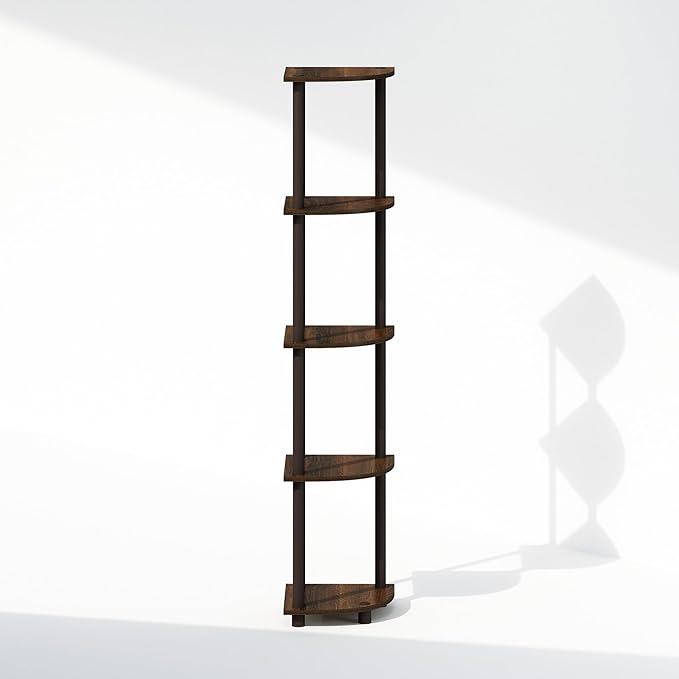 Furinno Turn-N-Tube Storage Shelves, 5-Tier Book Shelf, Corner Shelf, Toolless Open Shelves, for Organization and Storage, Living Room, Home Office, Hallway, Bedroom, Walnut