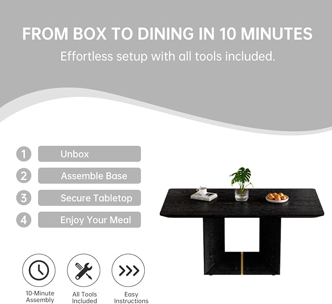 63" Modern Black Dining Table Set for 6 with Chairs, 7 Piece Rectangular Dining Room Table and 6 PU Leather Chairs, Kitchen Dining Set with Matte Wood Finish, Geometric Base, Easy Assembly