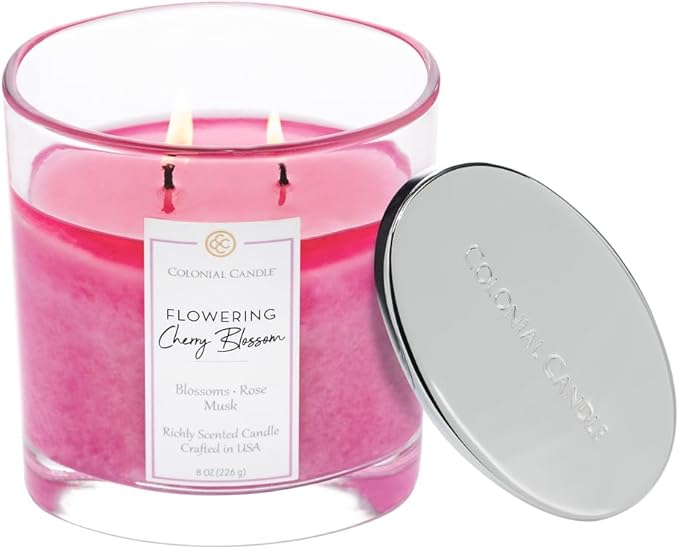 Colonial Candle Flowering Cherry Blossom Scented Candle Jar, Highly Fragranced Candles for Home Scented, Mottled Wax Candle, 2 Wick, 8 oz - Made in The USA