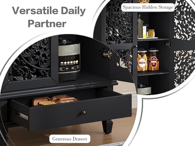 Rustic 55'' Tall Storage Cabinet with 2 Hollow-Carved Doors a Drawer, Wood Accent Cabinet with Solid Wood Legs for Living Room, Hallway, Dining Room (Black-T)