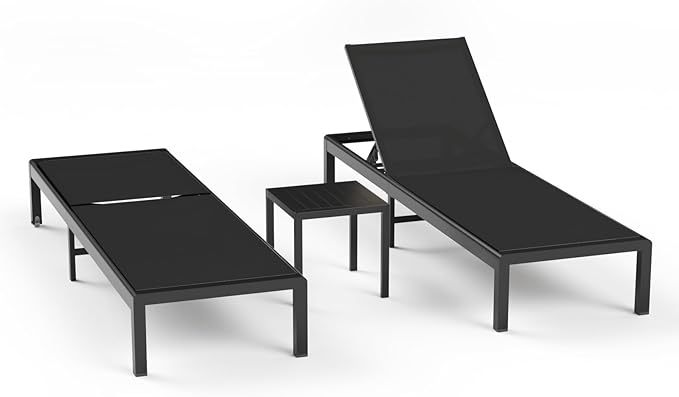 Aluminum Lounge Chairs Outdoor Chaise Furniture,2 Sets Patio Metal Deck Lounger Adjustable 5-Position Poolside Chase Recliner with Wheels for Beach,Coffee Table, (Black, 2 Chairs + Table)