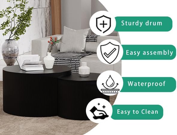 Round Nesting Coffee Table Set 2 Piece, Modern DrumStackable Side Table for Living Room/Bedroom Small, Space-Saving Accent Furniture with Scratch-Resistant Design (A Black 27.56 in)