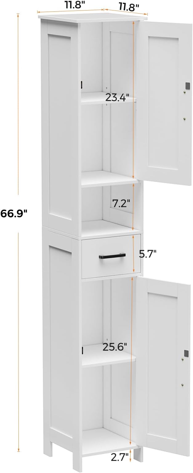 Homhedy 67" H Tall Bathroom Storage Cabinet with 2 Barn Doors and 1 Drawer, Narrow Storage Unit, Adjustable Shelves, Floor Cabinet for Bathroom, Living Room, Entryway, Kitchen, White, (11.8" W)