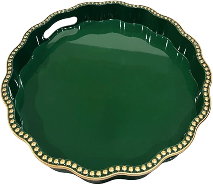 Green Decorative Tray for Coffee Table, Wavy Scallop Beaded Plastic Serving Tray forKitchen Counter, Ottoman, Living Room, (13")