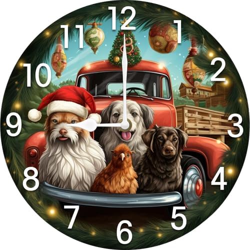 Christmas Dogs Chicken Truck Wall Clock Large Silent Non-Ticking Battery Operated Modern Clocks for Living Room Decor/Bedroom/Office (12x12 in)