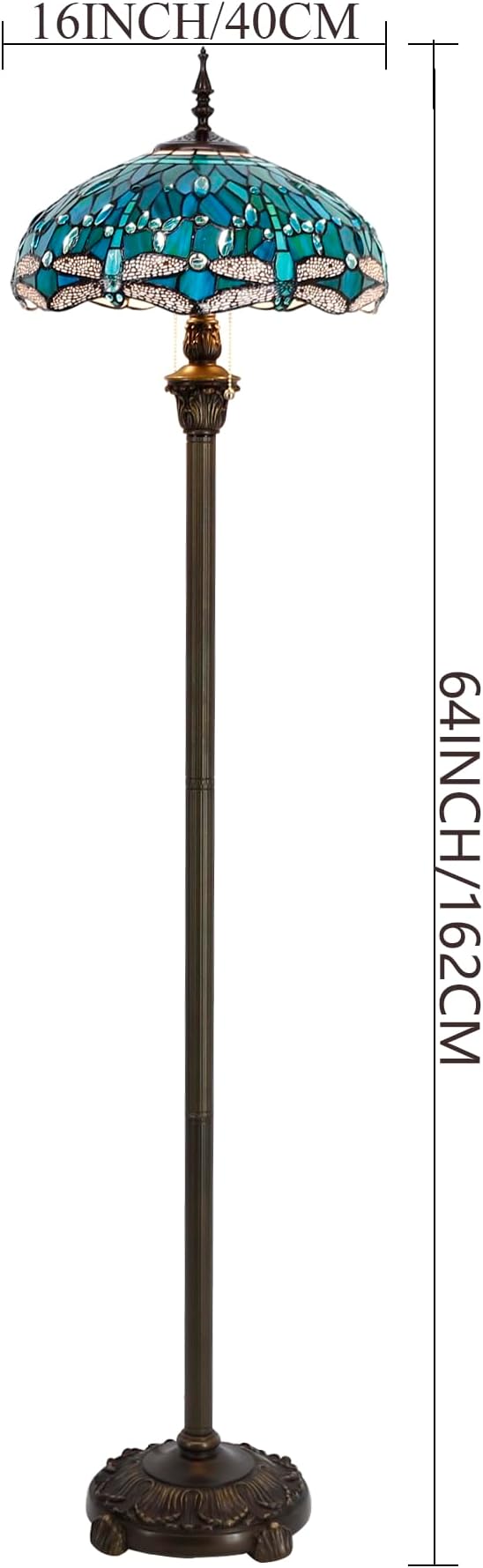 WERFACTORY Tiffany Floor Lamp Dragonfly Green Stained Glass Standing Reading Light 16X16X64 Inches Antique Pole Corner Lamp Decor Bedroom Living Room Home Office S622 Series