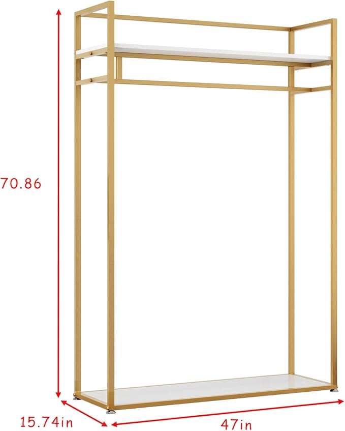 Heavy Duty Clothing Rack with Shelves for Hanging Clothing, Gold Metal Freestanding Garment Rack for Retail Display (47.24" L)